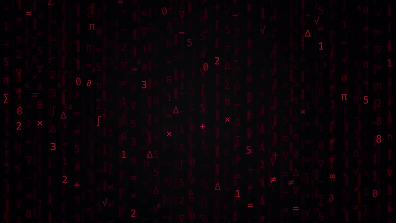 Red mathematical symbols and numbers fall vertically against a dark background in matrix style