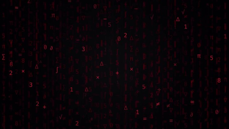 Red mathematical symbols and numbers fall vertically against a dark background in matrix style