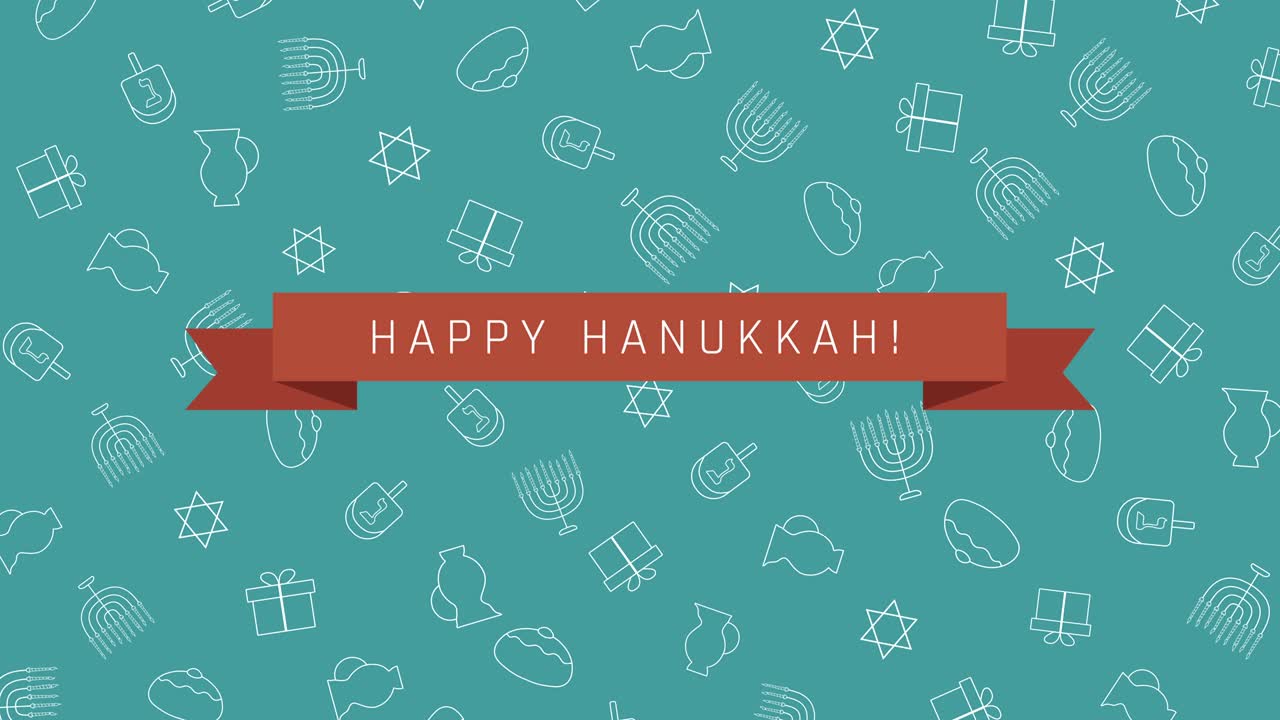 하누카 휴가 플래트 디자인 애니메이션 배경과 전통적인 기호와 영어 텍스트