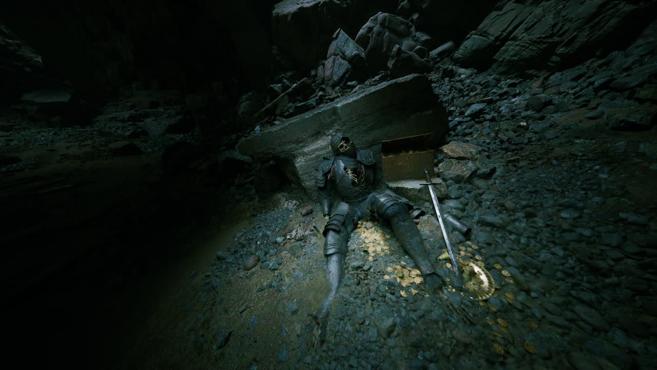 Mysterious discovery of a dead knight resting in a dark cave