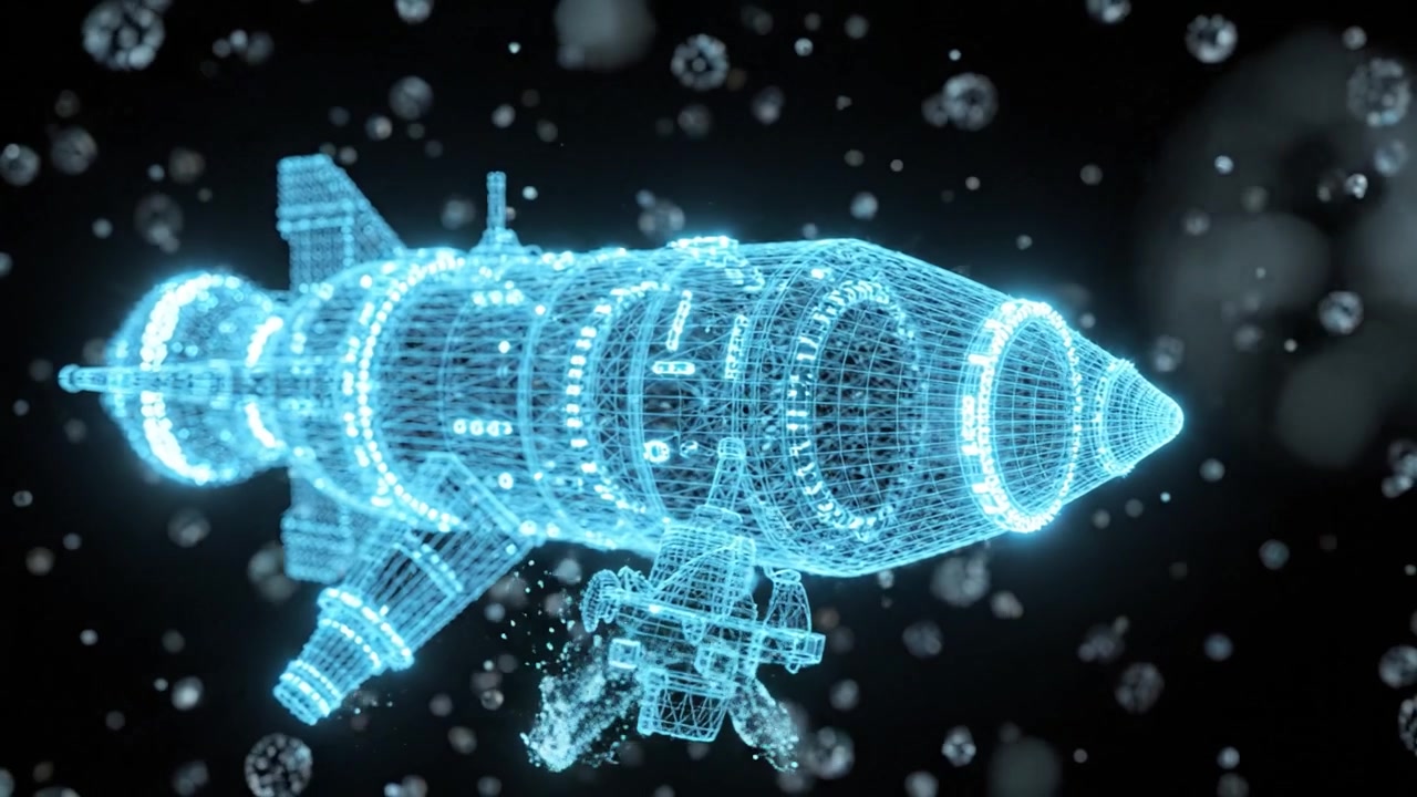 A Futuristic Holographic Rocket Surrounded by Particles in a Dark Cosmic Environment Depicting Space Exploration and Advanced Technology