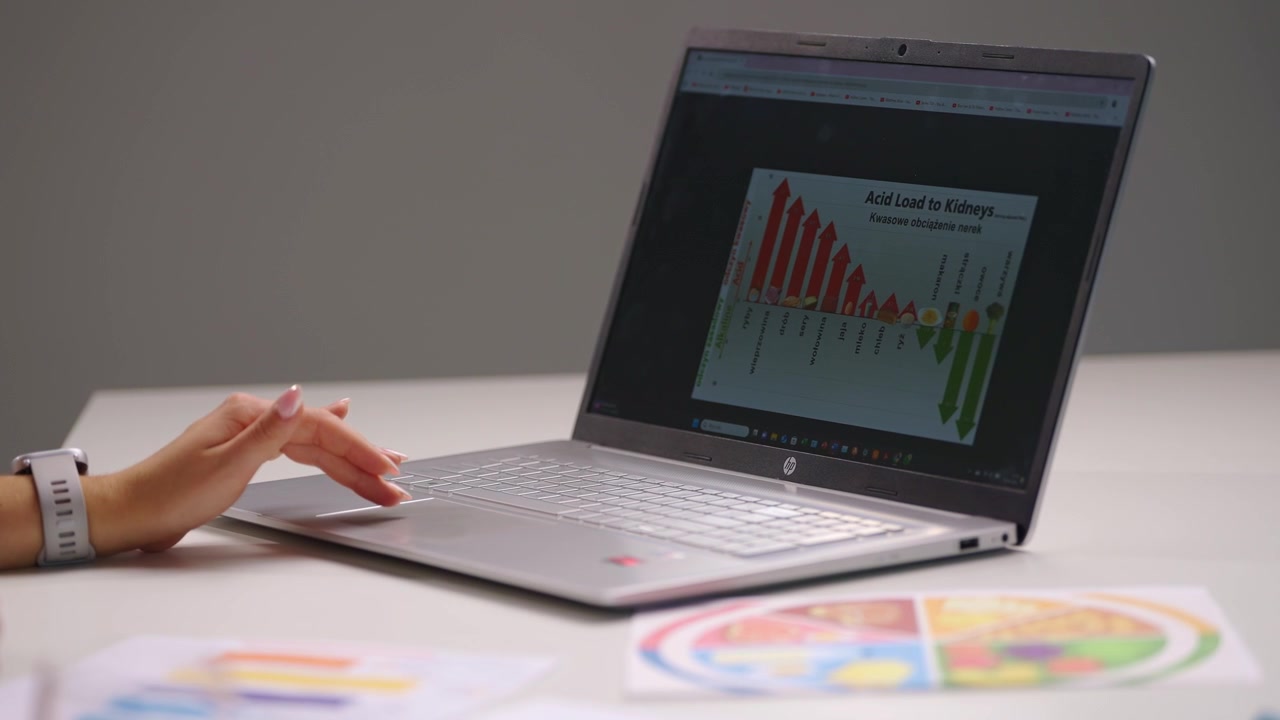 Close up view of a woman's hand using a laptop while reviewing business diagrams and colorful data charts. Office desk with printed reports, digital analysis and planning materials at works