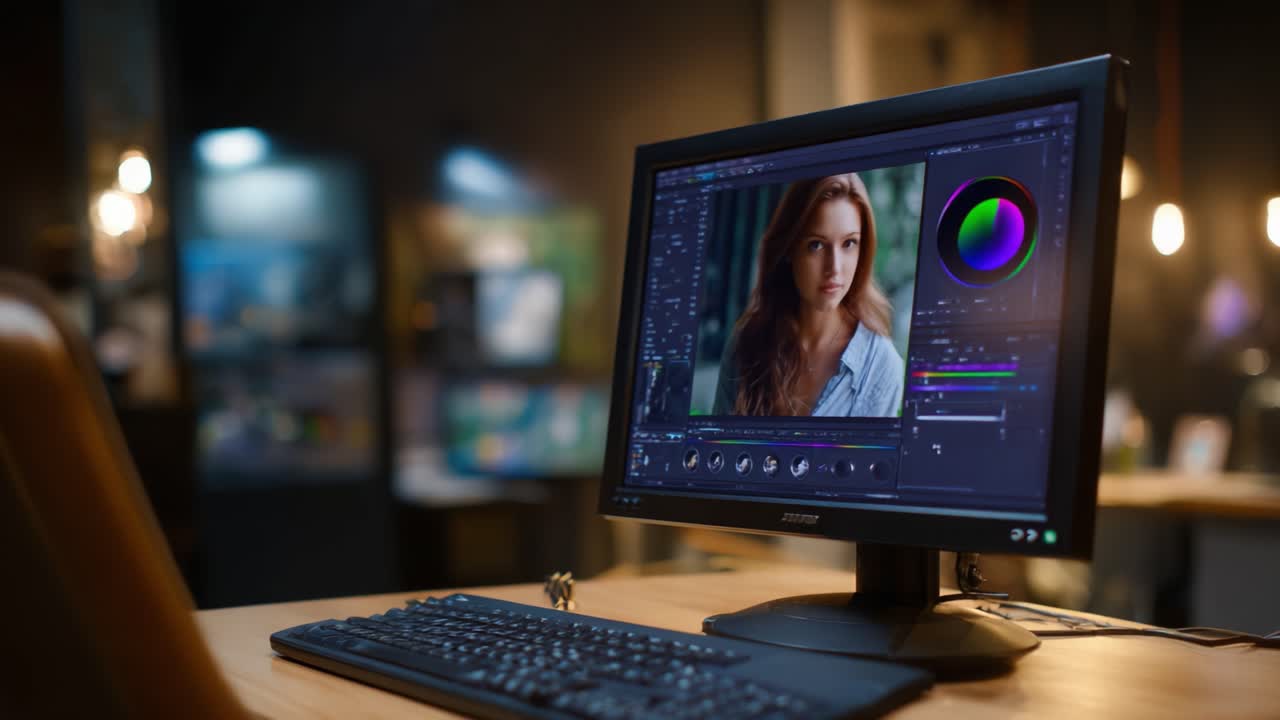 Digital Portrait Editing: A Showcase of Artistic Techniques on a Computer Screen Featuring a Woman's Image in an Editing Software Environment