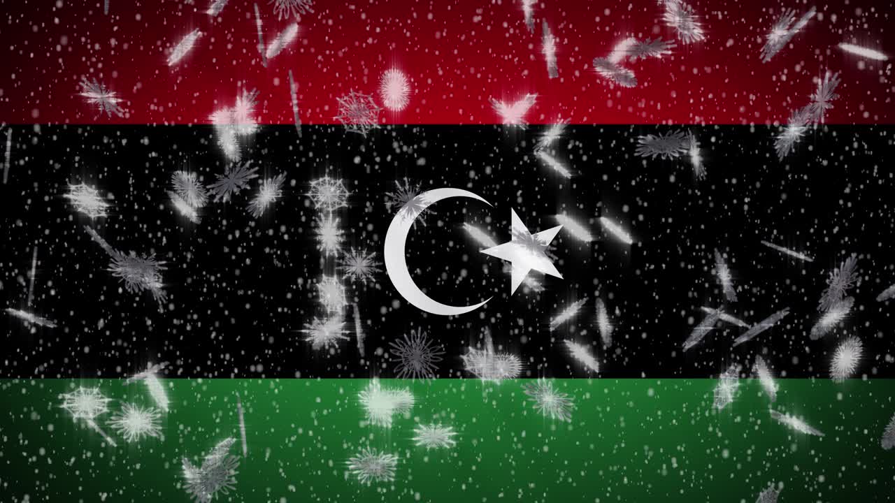 Libya flag falling snow loopable, New Year and Christmas background, loop