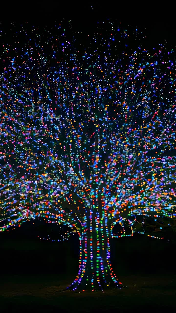 Vertical video: Timer starting large deciduous tree twinkling LED lights at night in yard for show