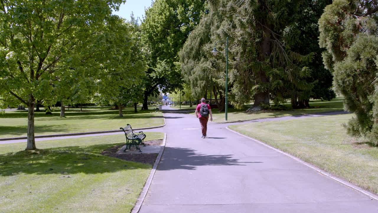 hombre no identificado caminando por la carretera en medio del parque de la ciudad con árboles sombreados