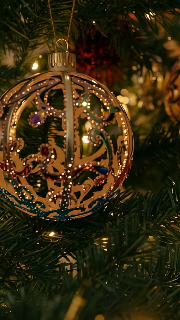 Vertical video: Shifting camera centering gold ornament on fir branch at home, blurred fairy lights