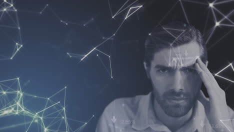 animation of network of connections over stressed businessman
