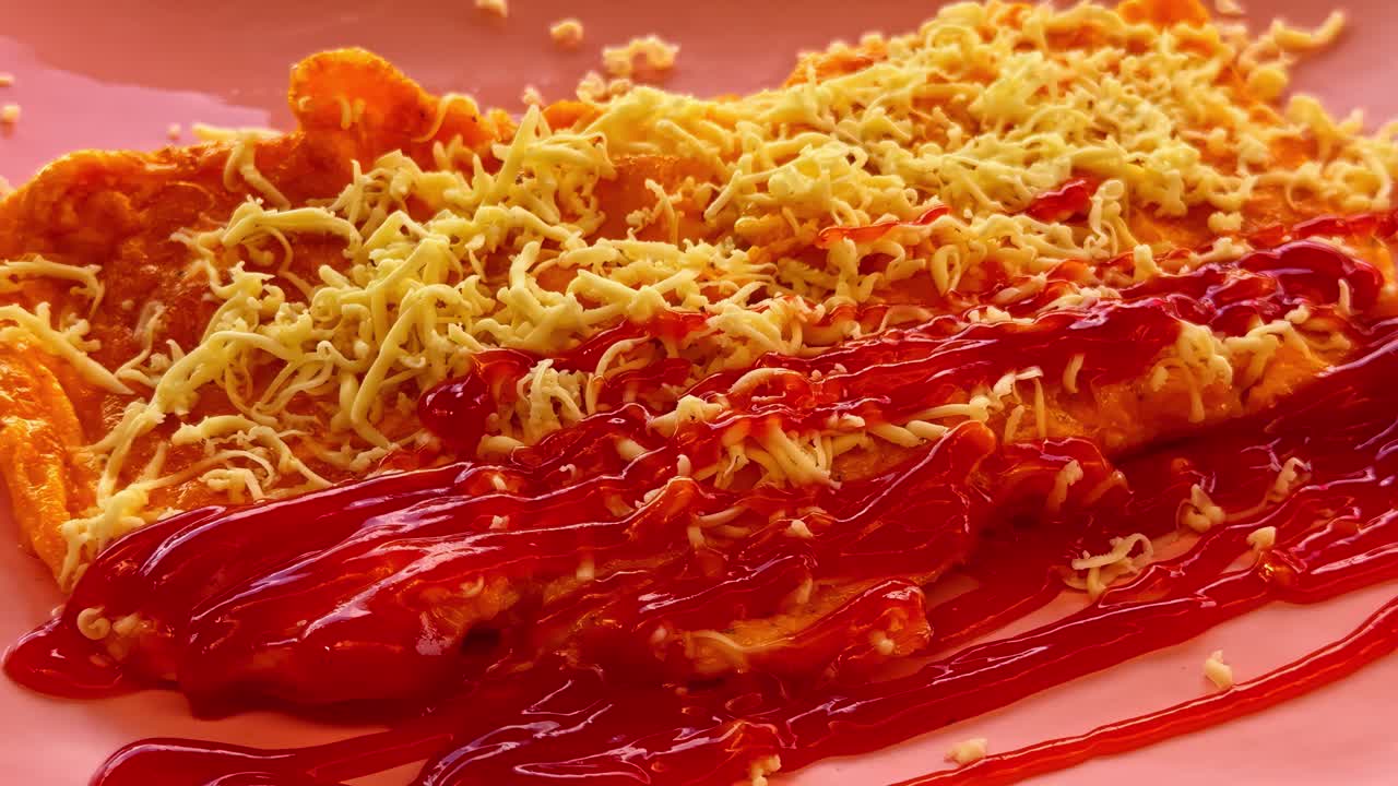 Omelette di street food filippino condita con formaggio e ketchup a El Nido.