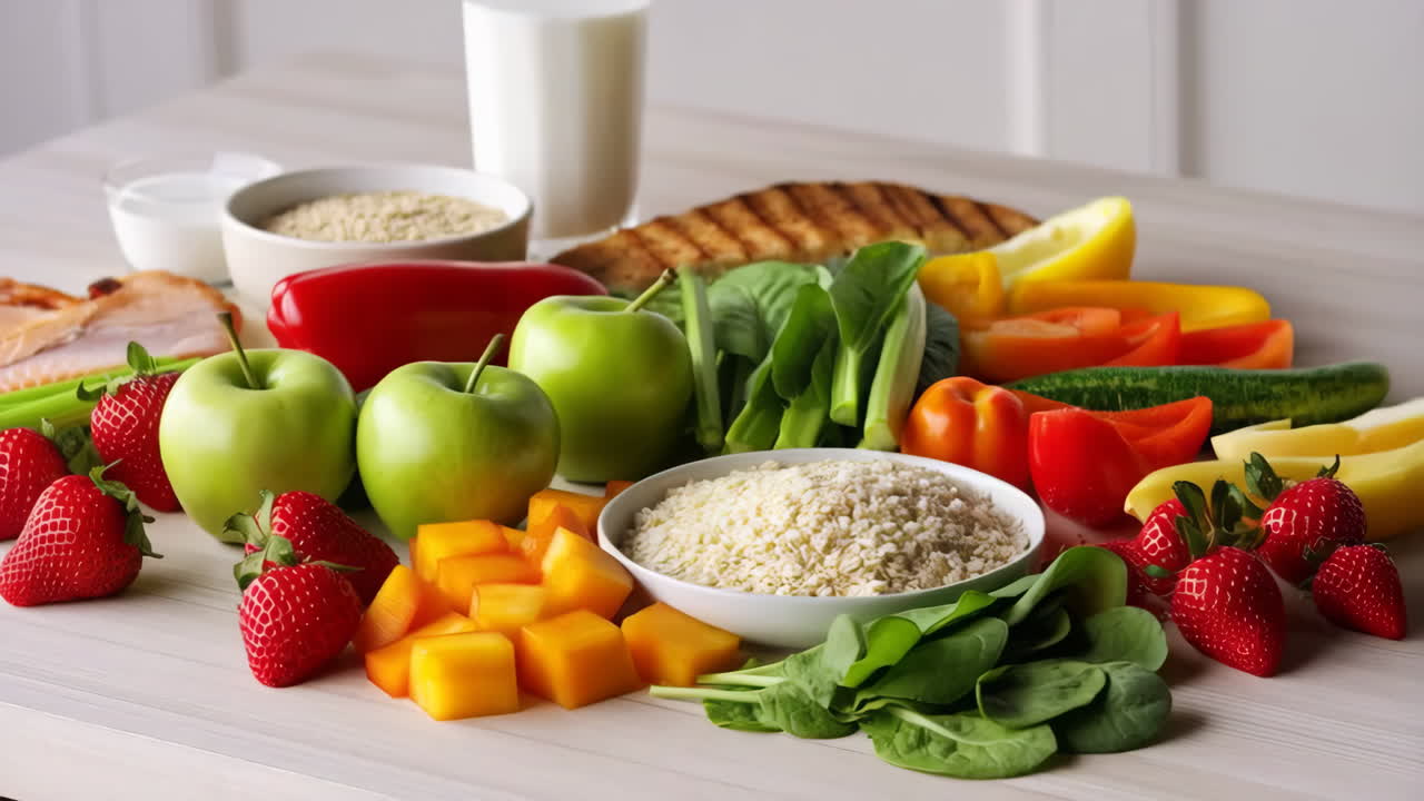 A vibrant display of various healthy foods including fruits, vegetables, grains, and protein