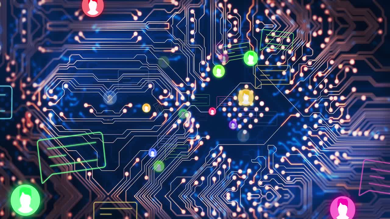Animation of icons and computer circuit board on black background