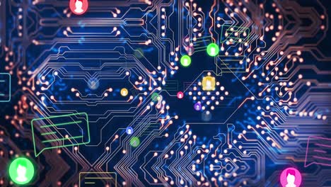 Animation-of-icons-and-computer-circuit-board-on-black-background