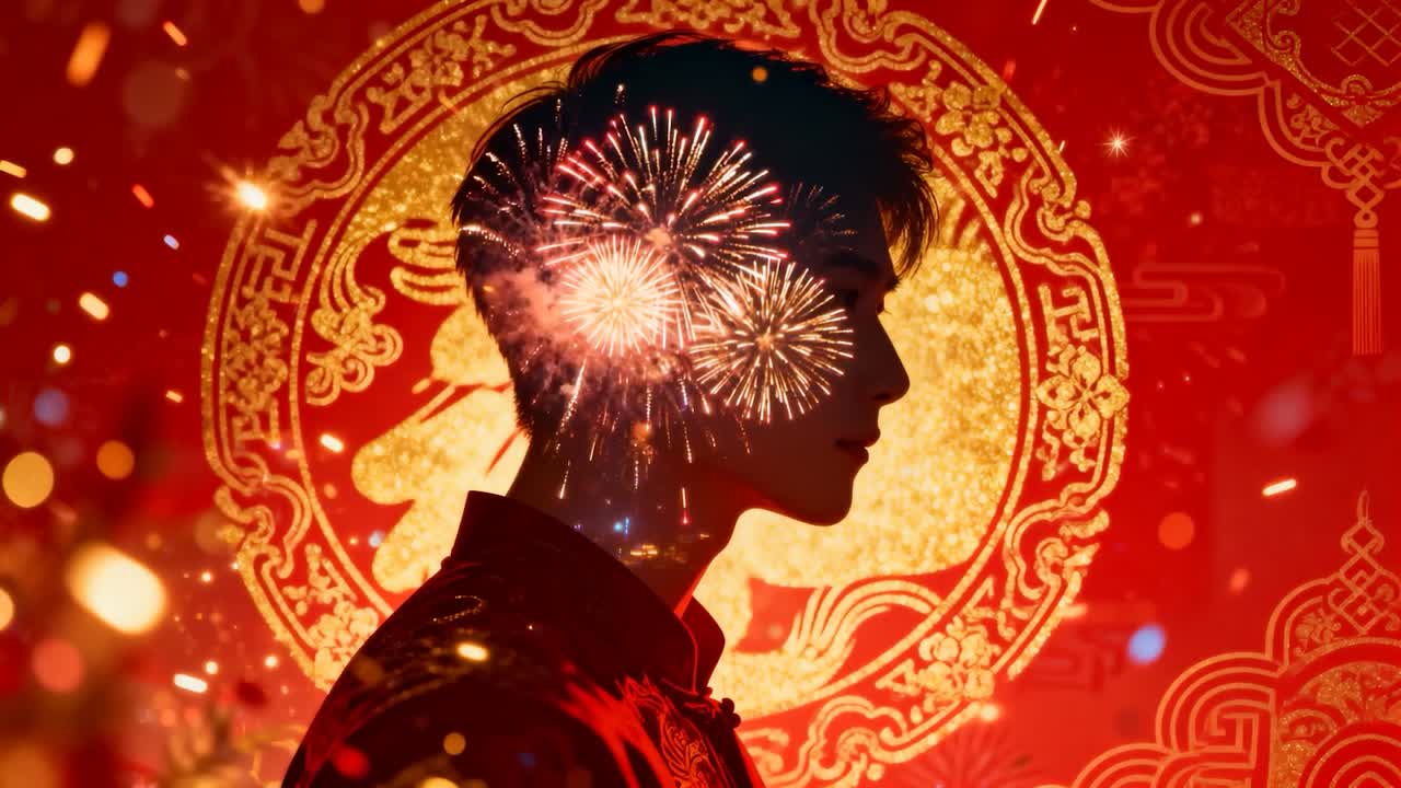 Pháo hoa rực rỡ bên trái, người đàn ông mặc áo khoác đỏ tạo dáng trong studio, mặt dây chuyền phát sáng cho lễ hội