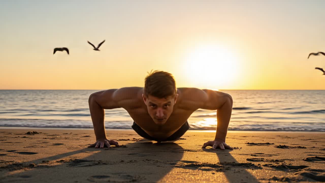 A determined individual performing push-ups on a serene beach at sunset, surrounded by swooping seagulls, capturing a moment of strength and tranquility in nature's beauty