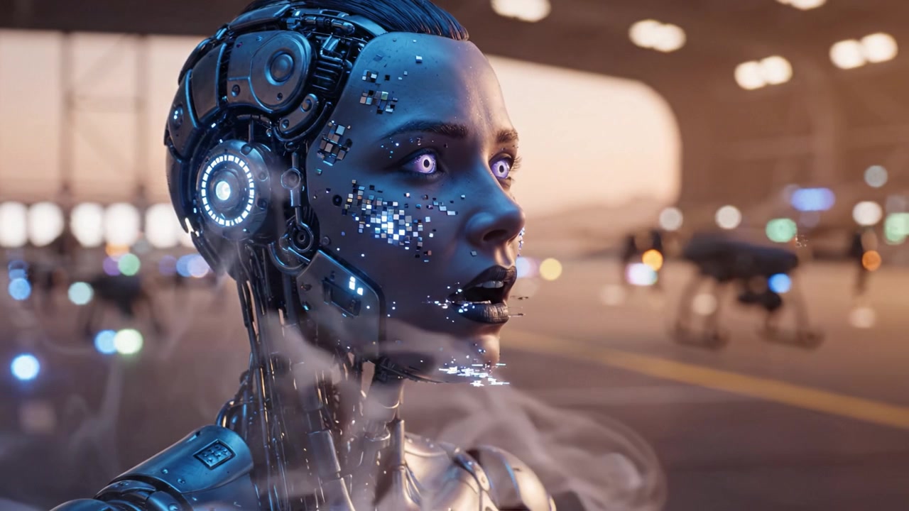 Robot umanoide futuristico con circuiti intricati e caratteristiche illuminate, che mostra intelligenza artificiale avanzata in un ambiente vibrante e tecnologicamente avanzato