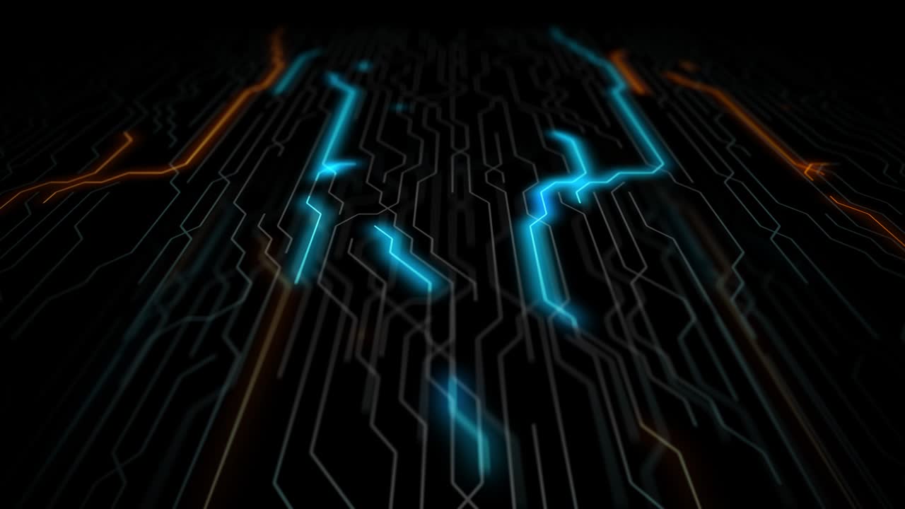 procesamiento de código de servidor de placa de circuito futurista. fondo de tecnología naranja, verde, azul con bokeh.