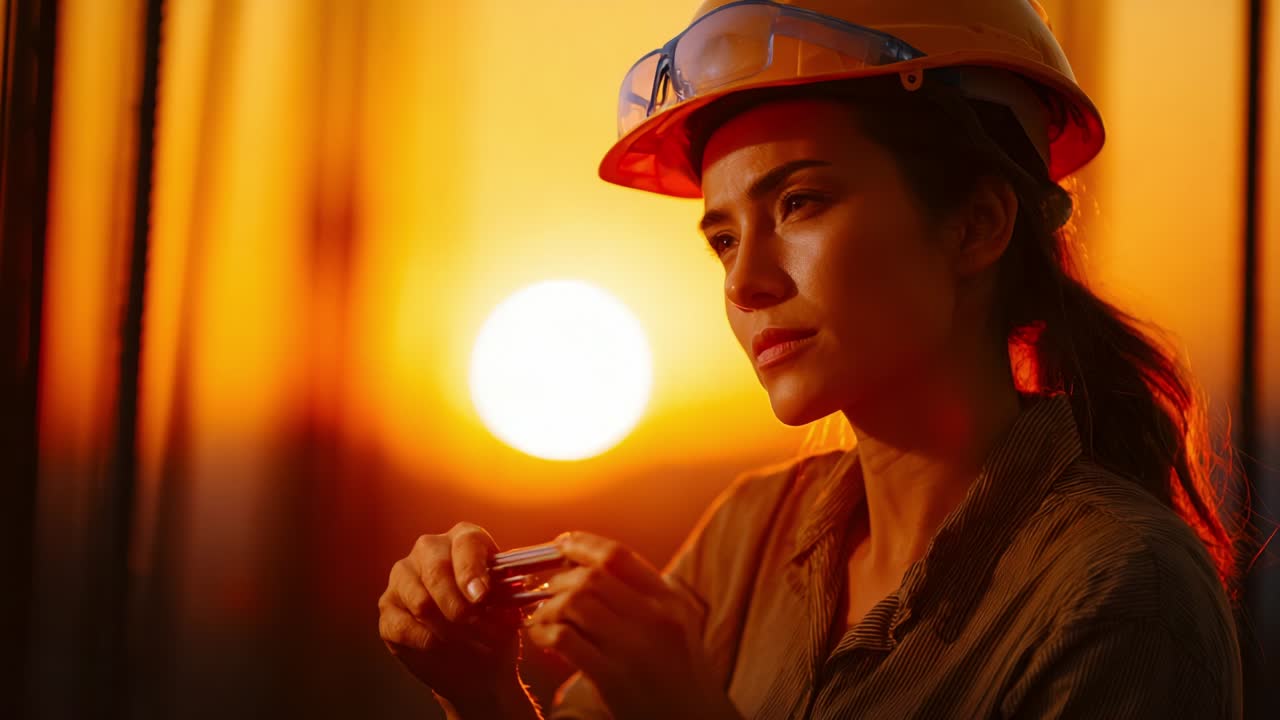 A woman in a safety helmet reflects thoughtfully while holding a small transparent container, against the backdrop of a stunning sunset that paints the sky in vibrant hues of orange and gold, symbolizing resilience and dedication