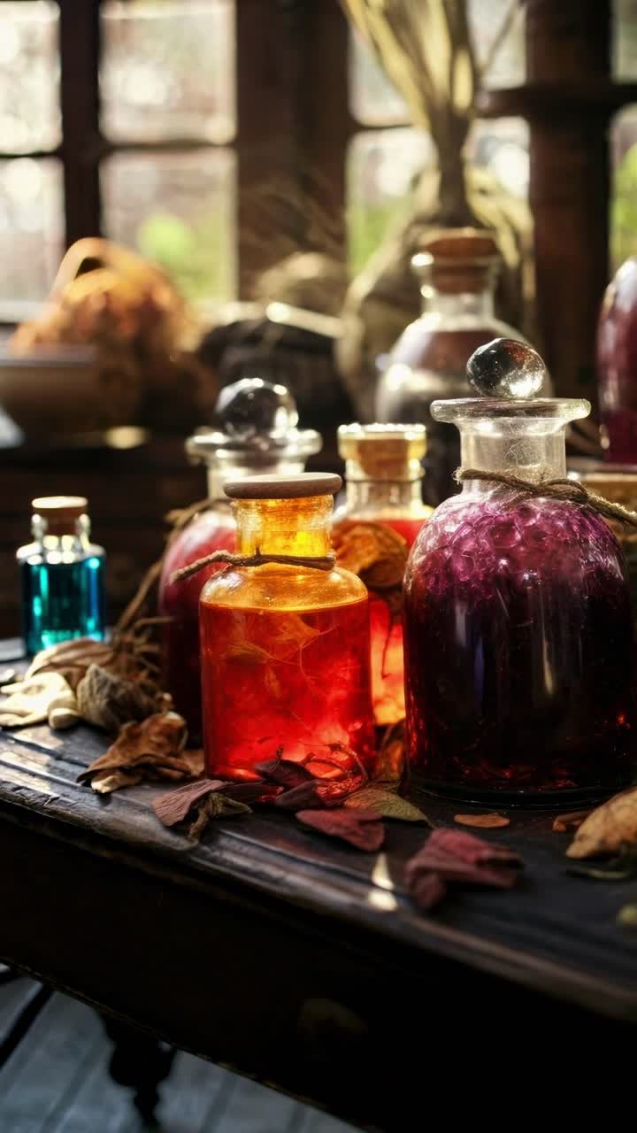 Close-up of vintage potion bottles on a wooden table, bathed in warm sunlight