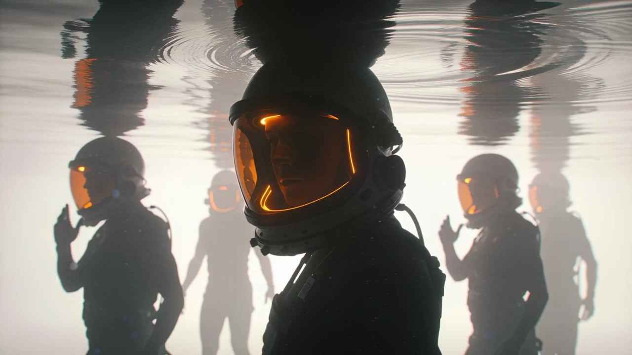 Backlight rising, helmeted suited subject turning head, adjusting in tank, orange visor, ripples