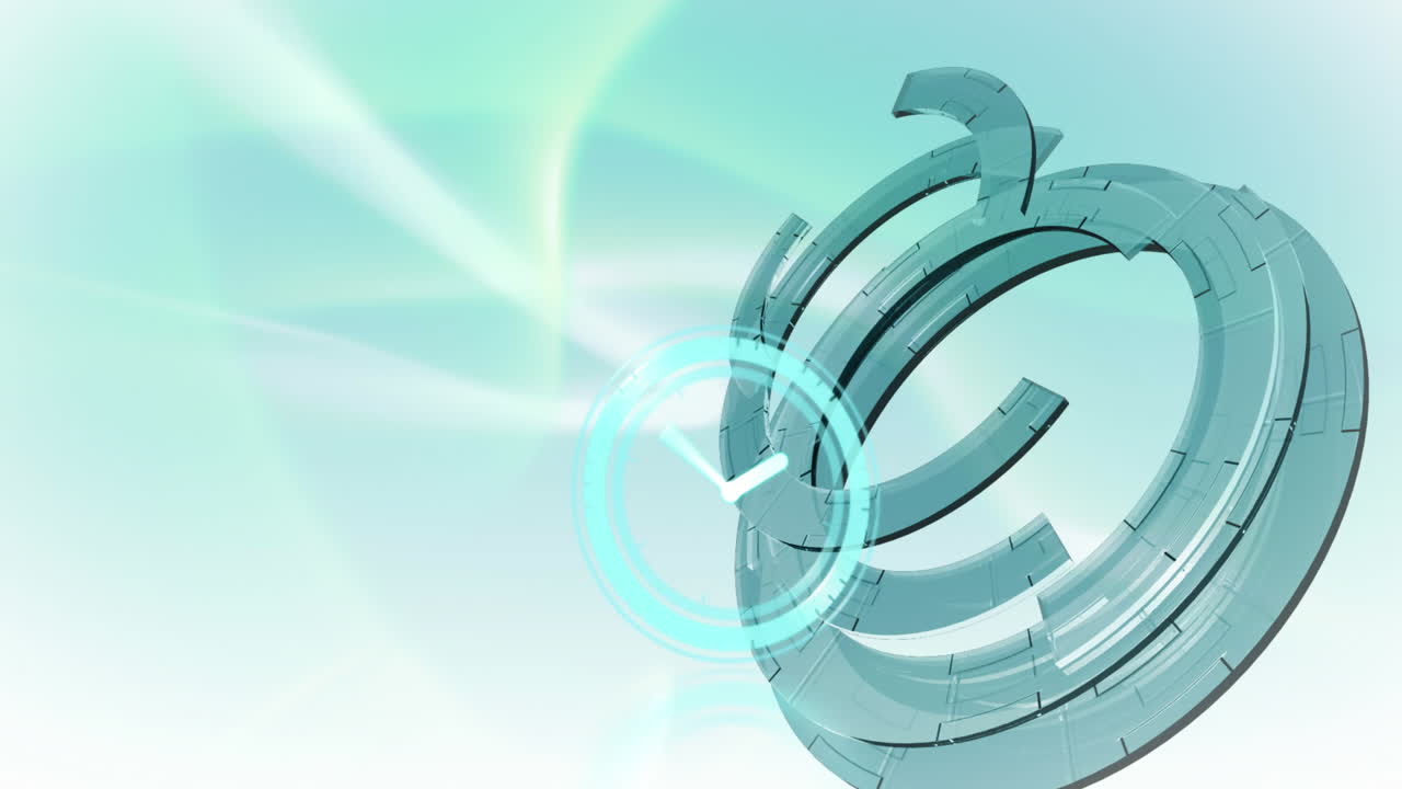 네온 디지털 시계의 디지털 애니메이션이 파란색 배경의 둥근 스캐너에 맞춰 틱하고 있습니다.