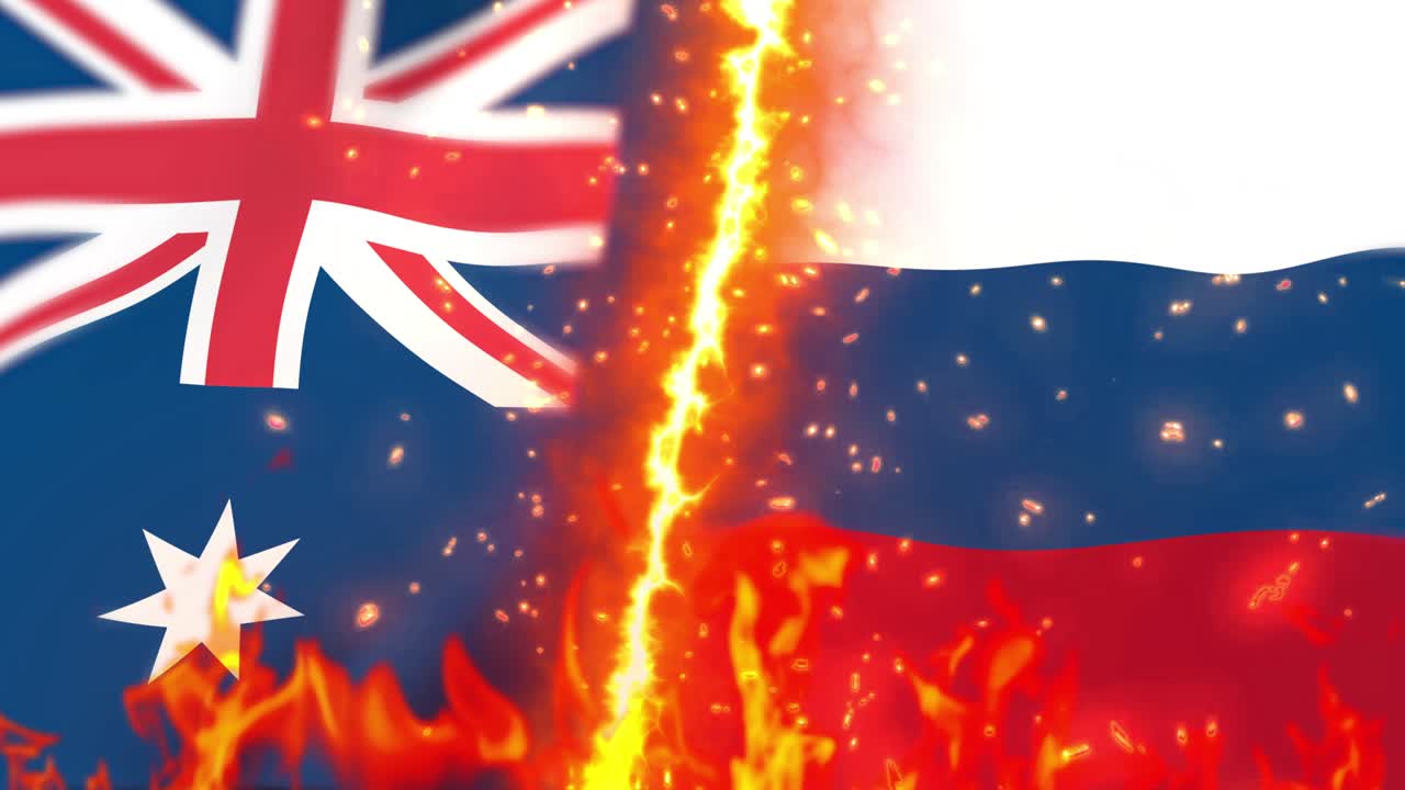 오스트레일리아 대 러시아 플래그 온 파이어 루프 애니메이션