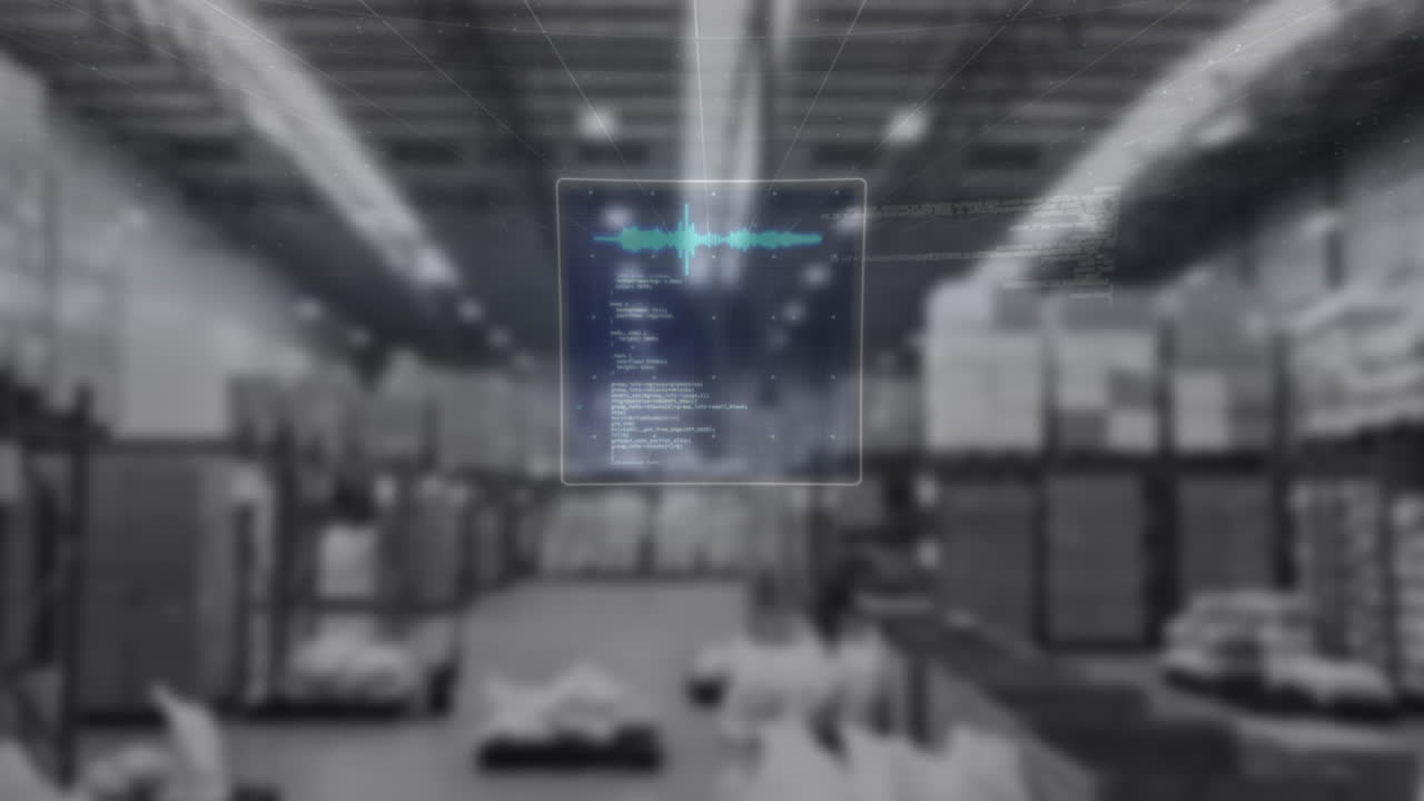 animación de la pantalla digital con datos diversos sobre el almacén borroso