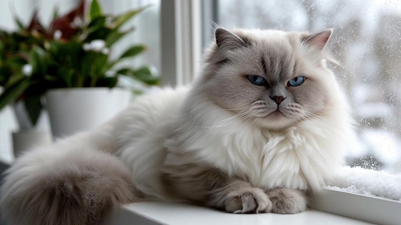 Morbido gatto Ragdoll bianco che riposa su un davanzale durante una giornata nevosa.