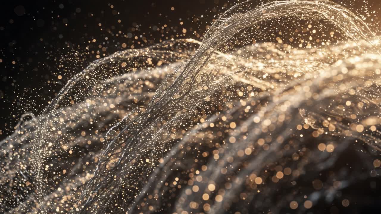 Uno splendido spettacolo d'acqua che schizza elegantemente con goccioline scintillanti sotto una luce soffusa, catturando l'essenza del movimento fluido e della serenità della natura.