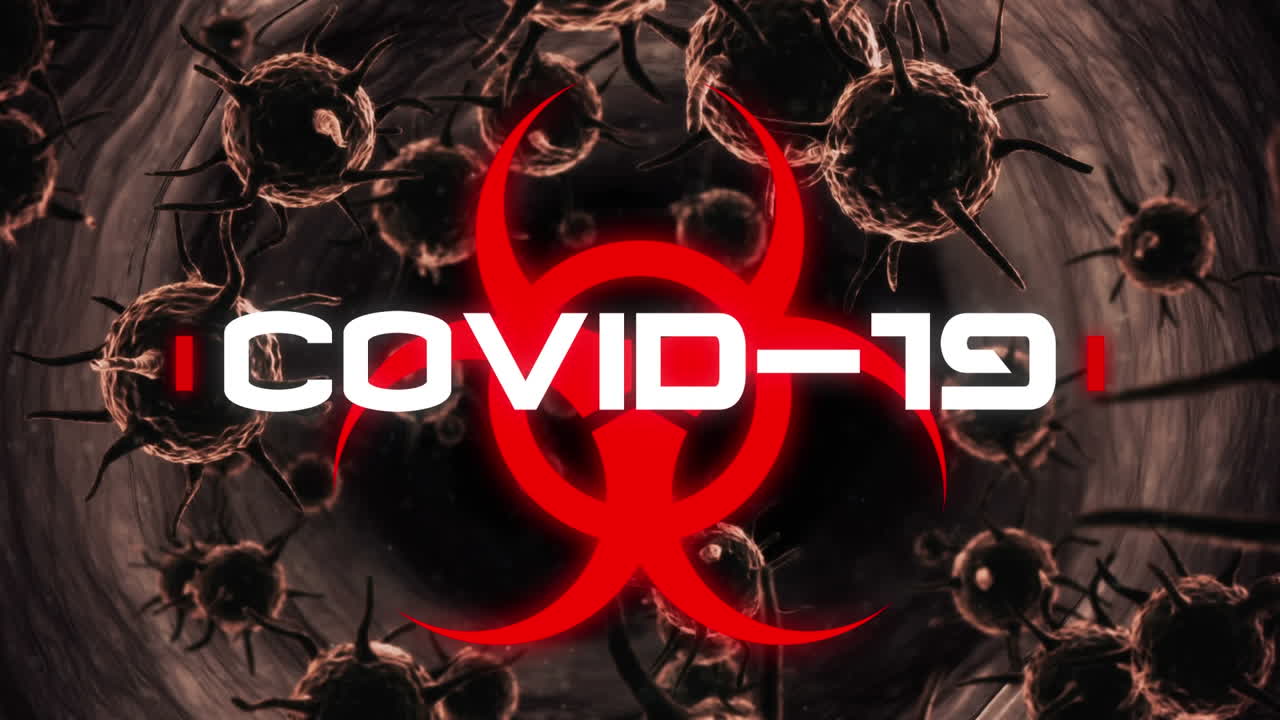 Hazard sign with Covid-19 text against Covid-19 cells moving in the throat