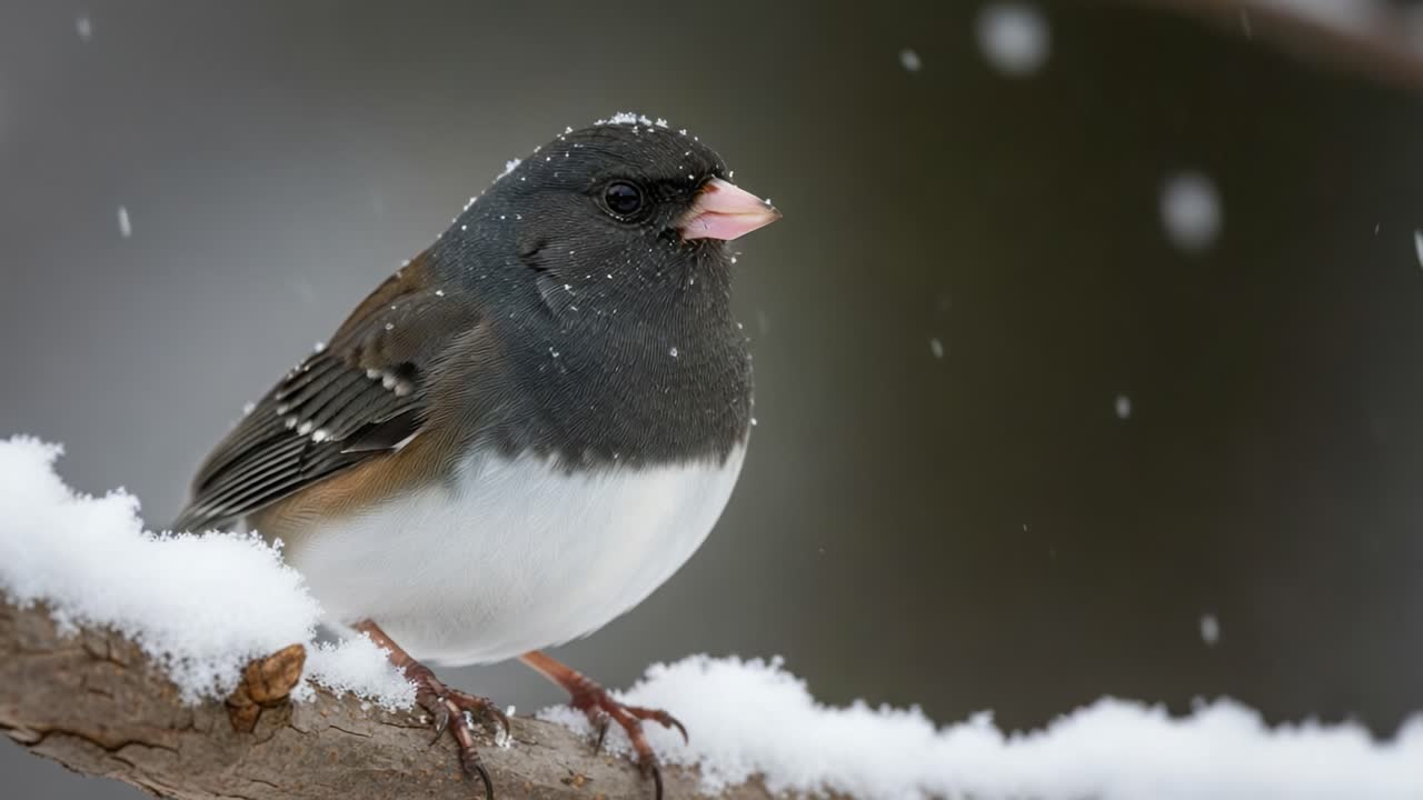 Captivating Moments of a Dark-Eyed Junco in a Winter Wonderland: A Beautiful Bird Resting on a Snowy Branch Amidst Falling Snowflakes