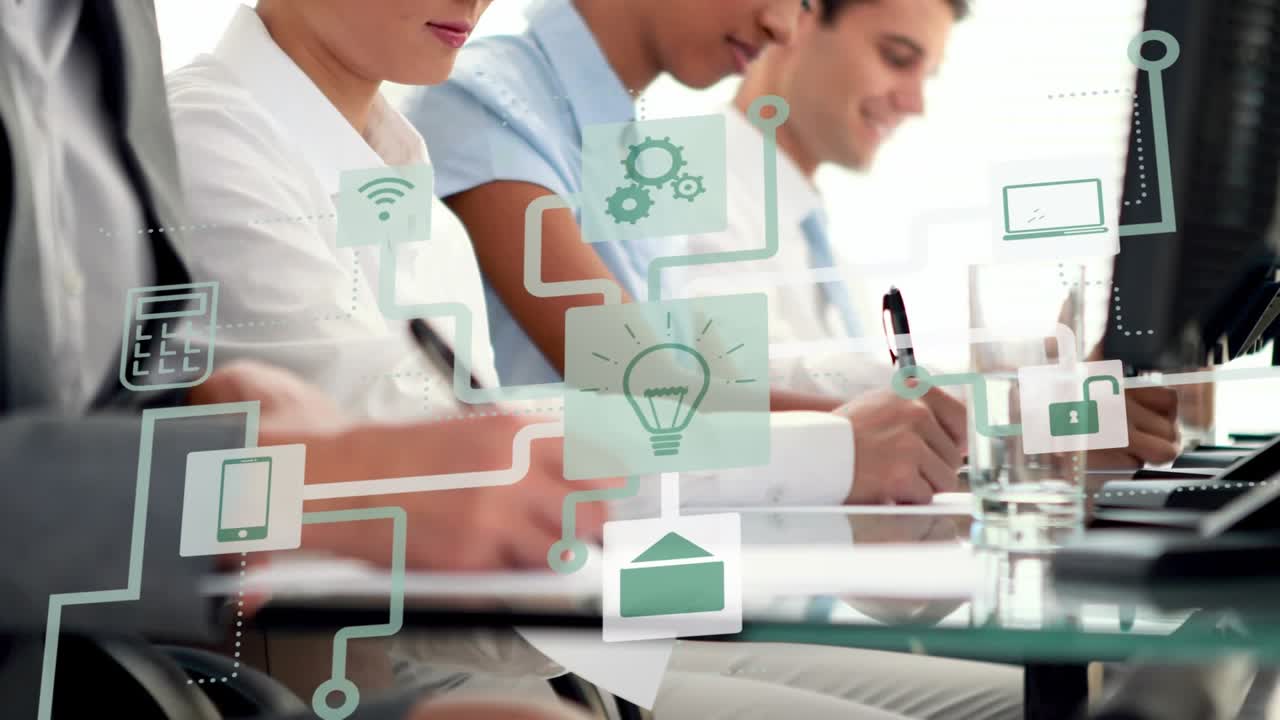 Animation of icons and data processing over diverse business people in office