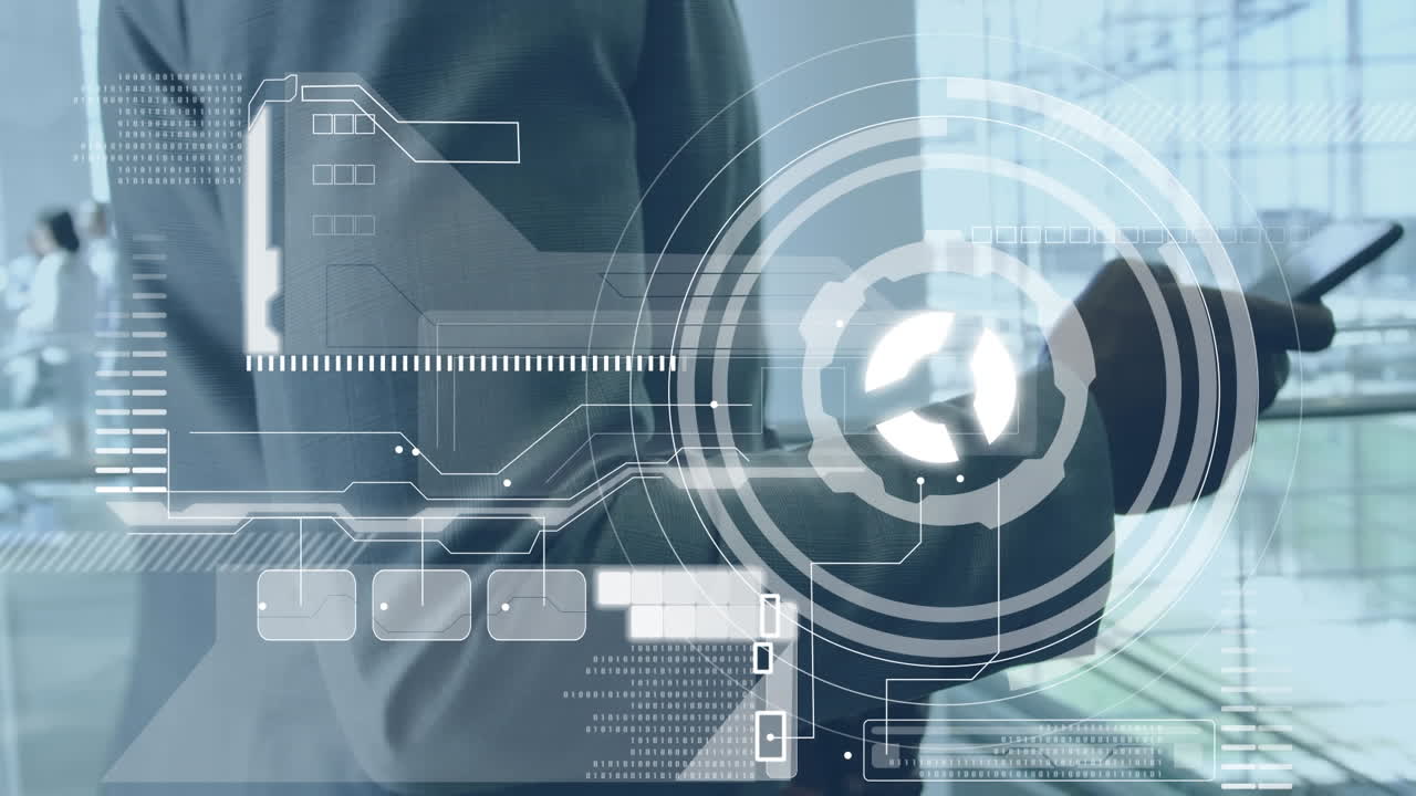 스마트 폰을 사용하는 사업가에 대한 스 ⁇  스캐닝 및 데이터 처리 애니메이션