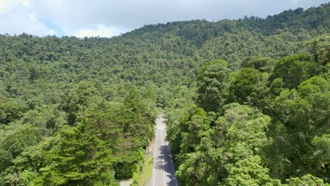 imágenes aéreas de drones de una carretera vacía y solitaria en medio de una densa selva tropical durante el día nublado sin tráfico en guatemala