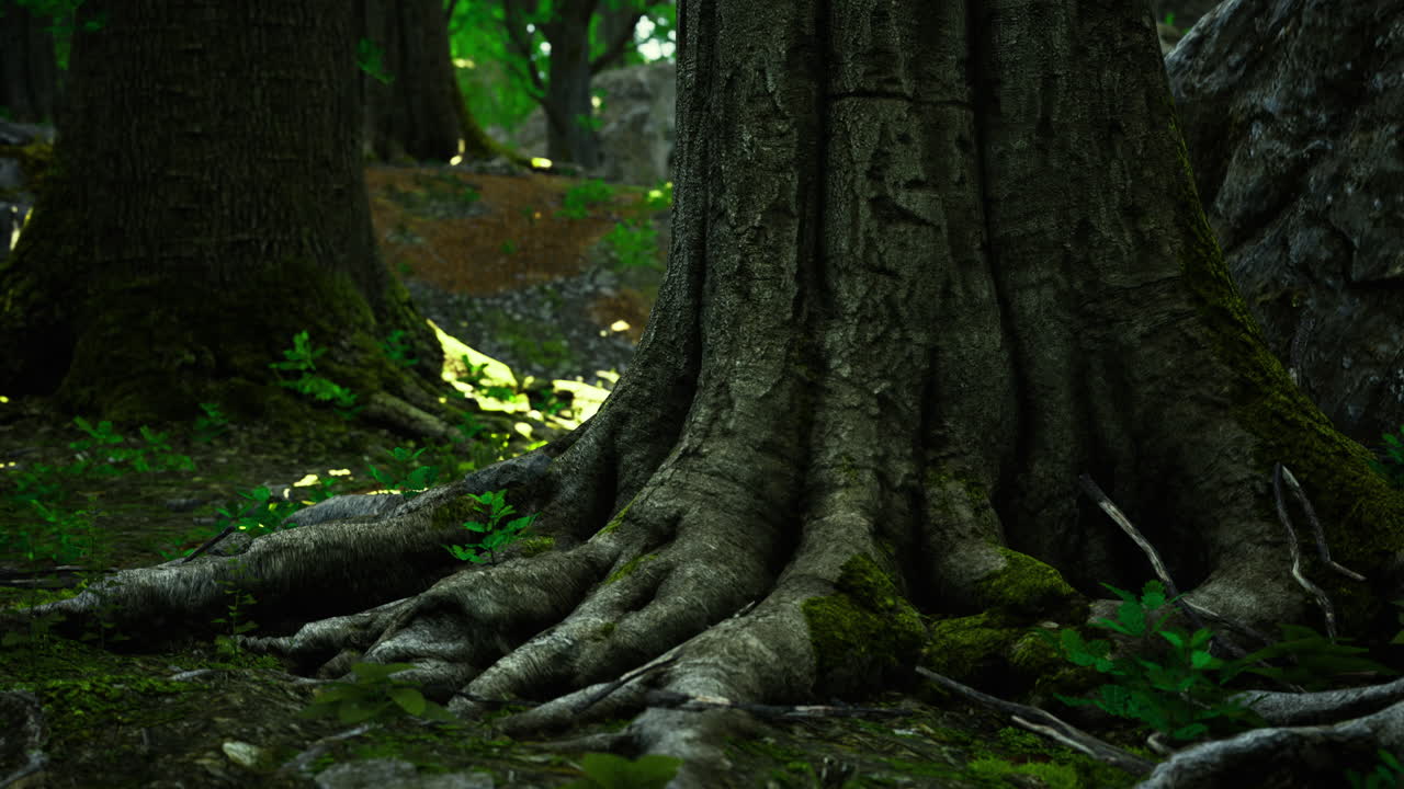 Majestic tree roots in a vibrant forest during a sunny afternoon