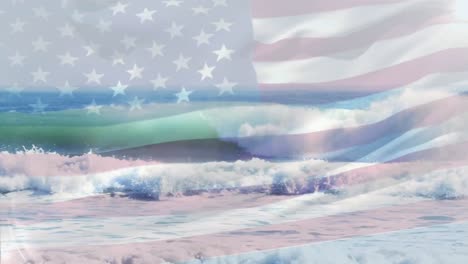 Digitale-Komposition-Der-Schwenkenden-US-Flagge-Gegen-Wellen-Im-Meer