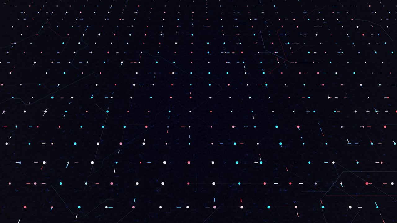 추상적인 디지털 선은 어두운 기술 공간의 점들 사이에서 무작위로 움직입니다. - 애니메이션 - 격자에서 흐르는 은 줄무, 원활한 루프.
