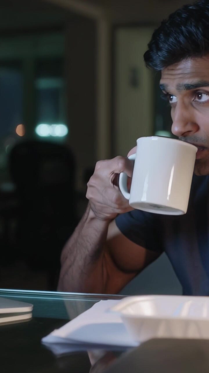 Vertical video: Entering frame, arm causing man in shirt reaching, drinking mug at desk, copy space