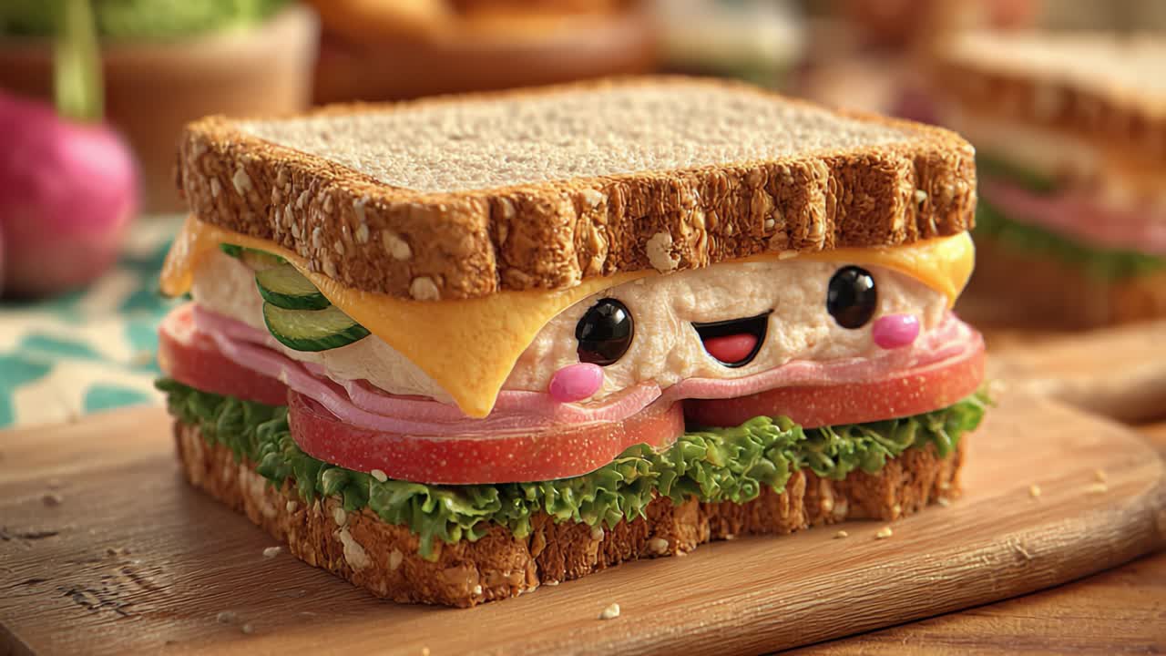 En sunn og smilende smørbrødkarakter med lag av friske grønnsaker, ost og brød, som bringer glede og lekenhet til måltidet