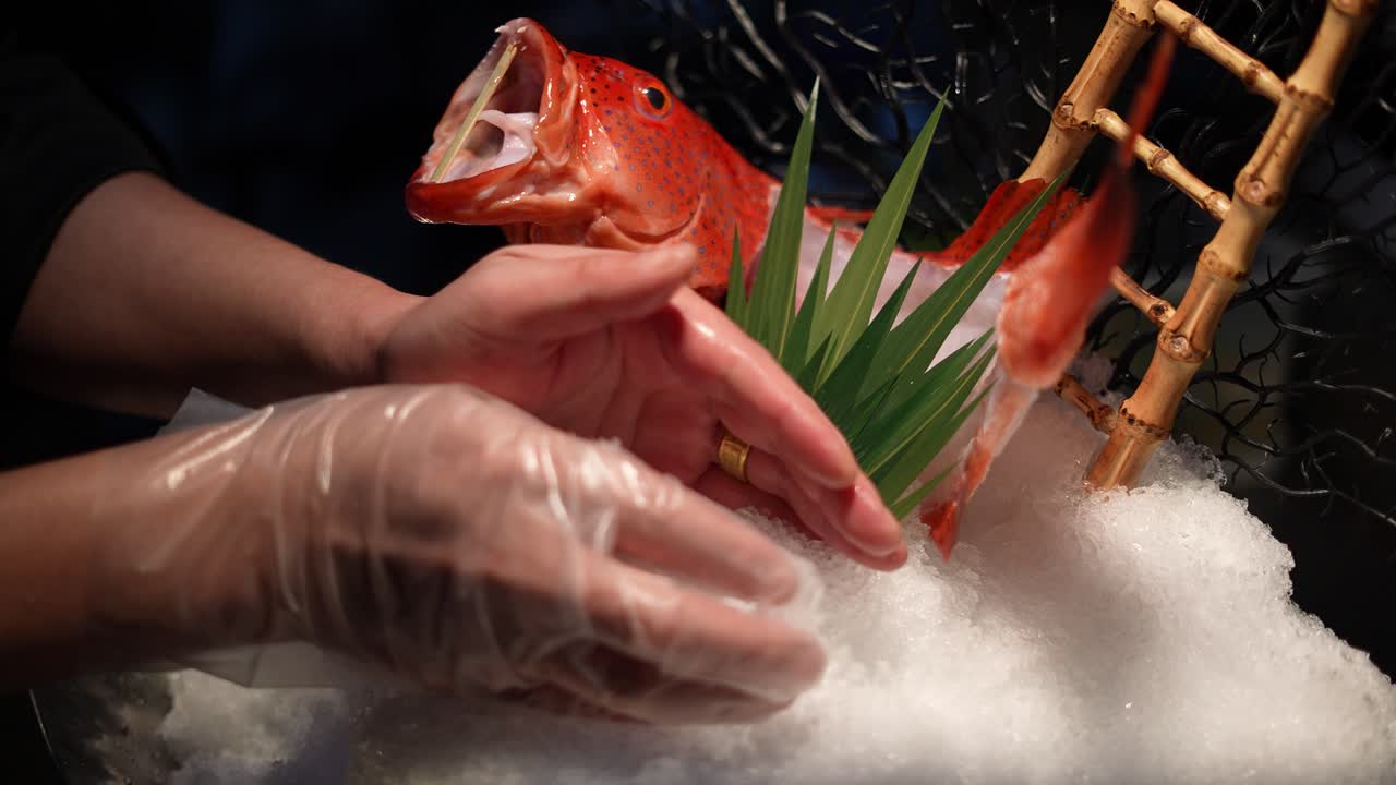 얼음 동양 요리 슬로우 모션 4k에 신선한 생선