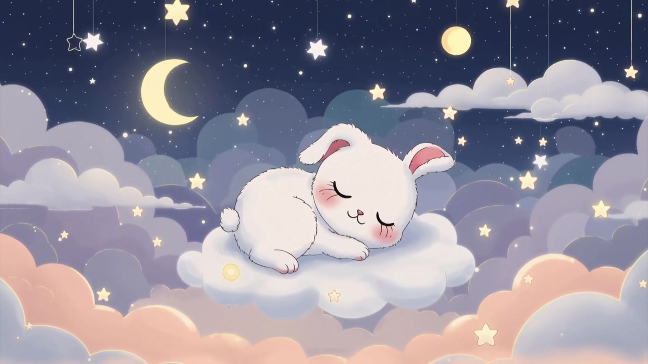 Sleeping rabbit curling on cloud as camera pulling back, showing moons and stars for bedtime