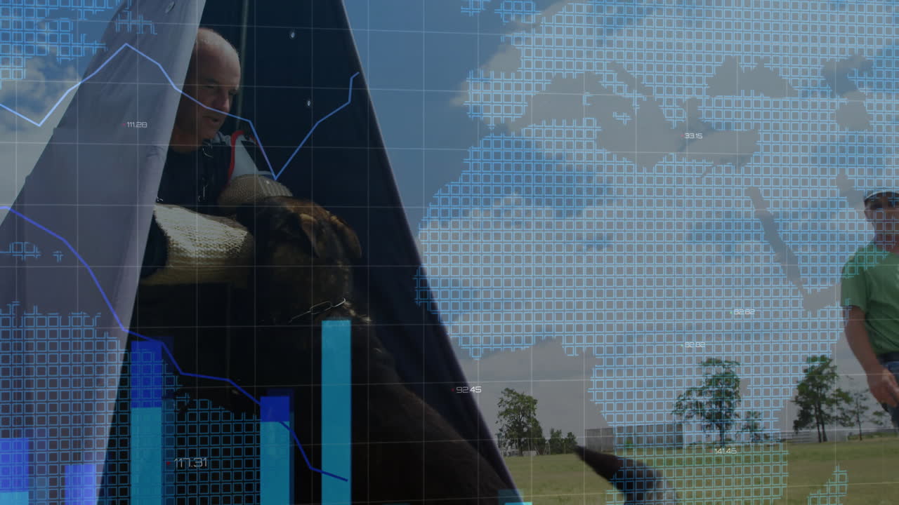 Male trainers conducting canine bite training outdoors, presenting world map grid and HUD overlays