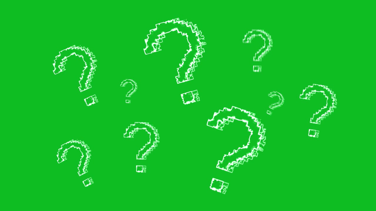 Chroma key question symbol visual with bright green background white floating question icons and