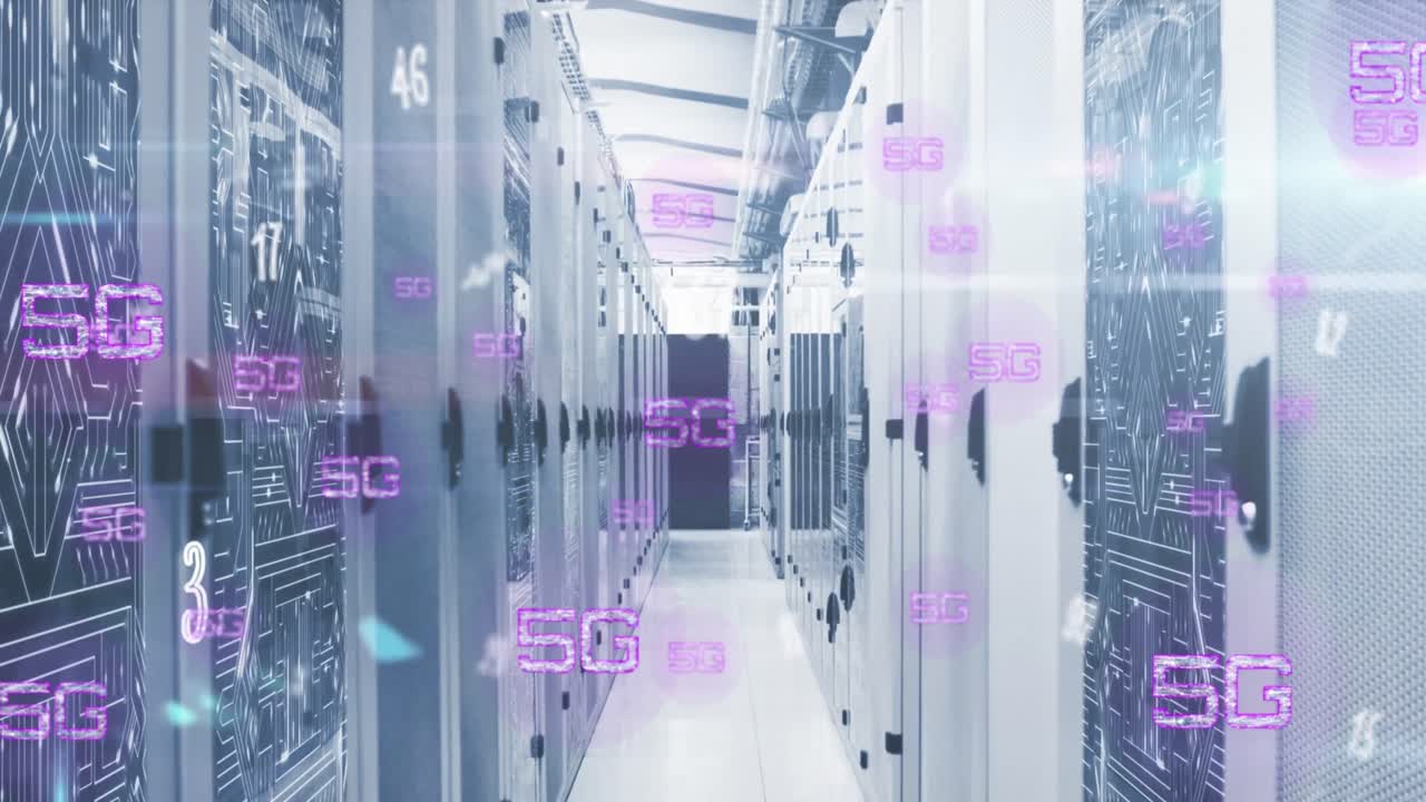 Animation of 5g text banners and numbers floating against computer server room