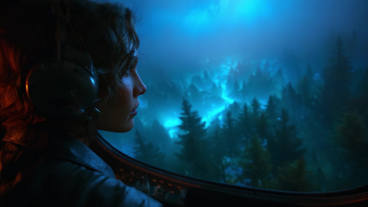 Una figura contemplativa guarda fuori da un elicottero verso un incantevole paesaggio forestale nebbioso illuminato da un tenue bagliore blu, catturando l'essenza magica della natura.