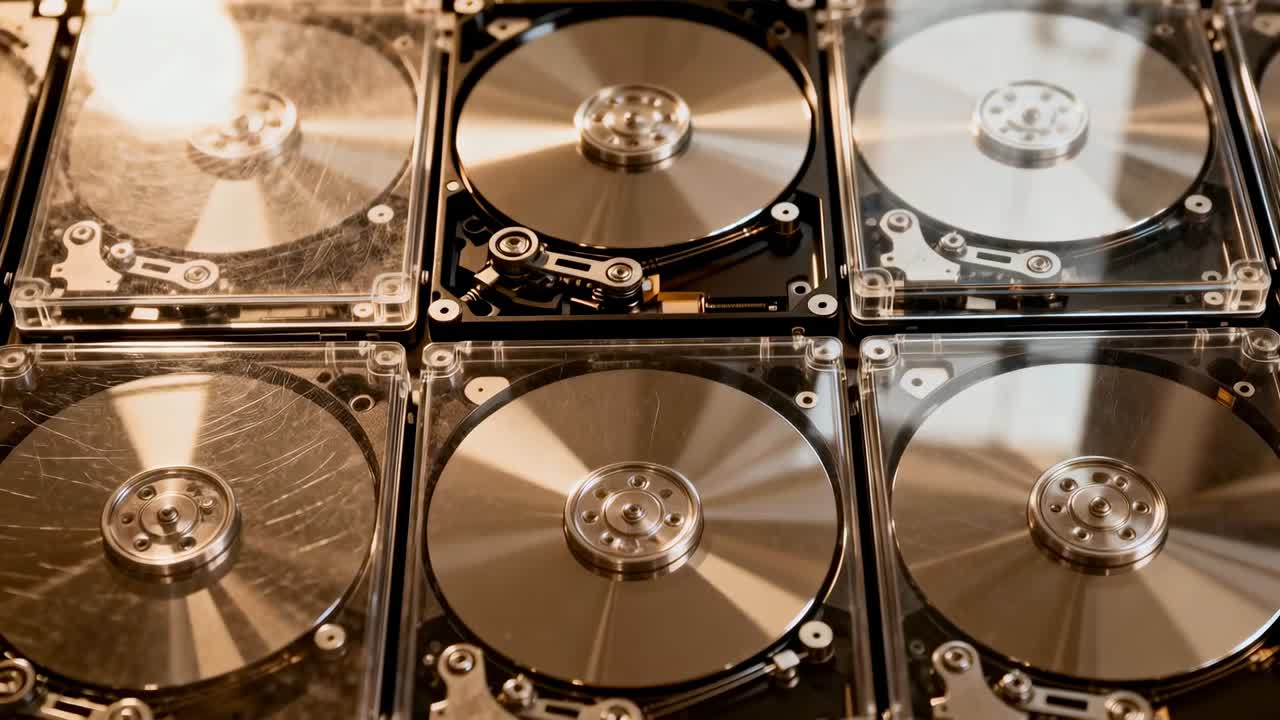 Skiftende lys får kameraet til at panorere over ni eksponerede HDD-plader på et værksted og afslører aktuatorer