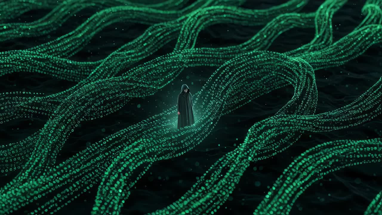 Person in a digital code wave