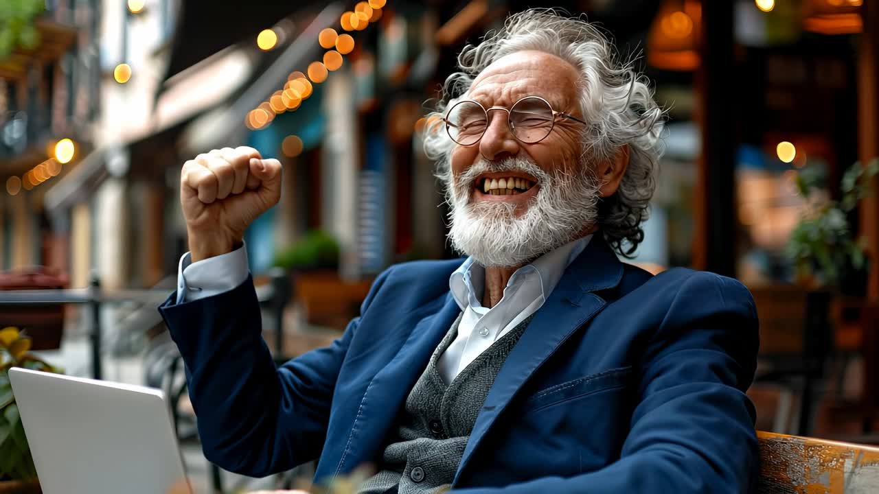 Uomo celebra il suo successo in un caffè all'aperto. Un uomo è seduto all'aperto in un caffè con un laptop. Sorride e alza il pugno in segno di celebrazione.