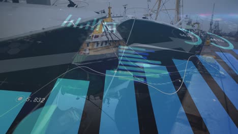 Animation-Der-Datenverarbeitung-über-Dem-Hafen-Mit-Booten