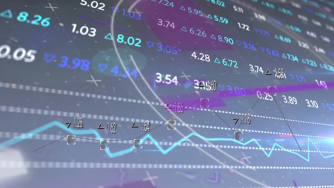 Animation of glitch, financial data and graphs on black background
