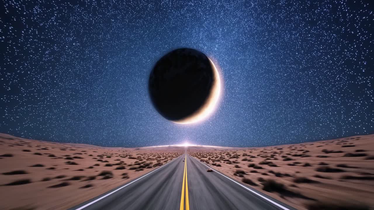 Surreal video concept of a solar eclipse over a desert road. Wide-angle shot captures the vast night